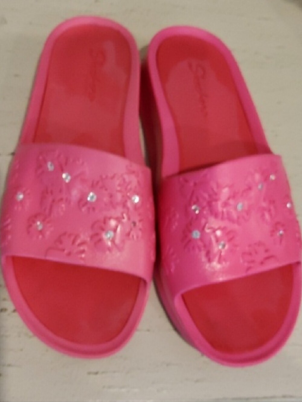Pre-loved Skechers Bright Pink/Peach Slide Sandals w/ Sparkley Floral Accents